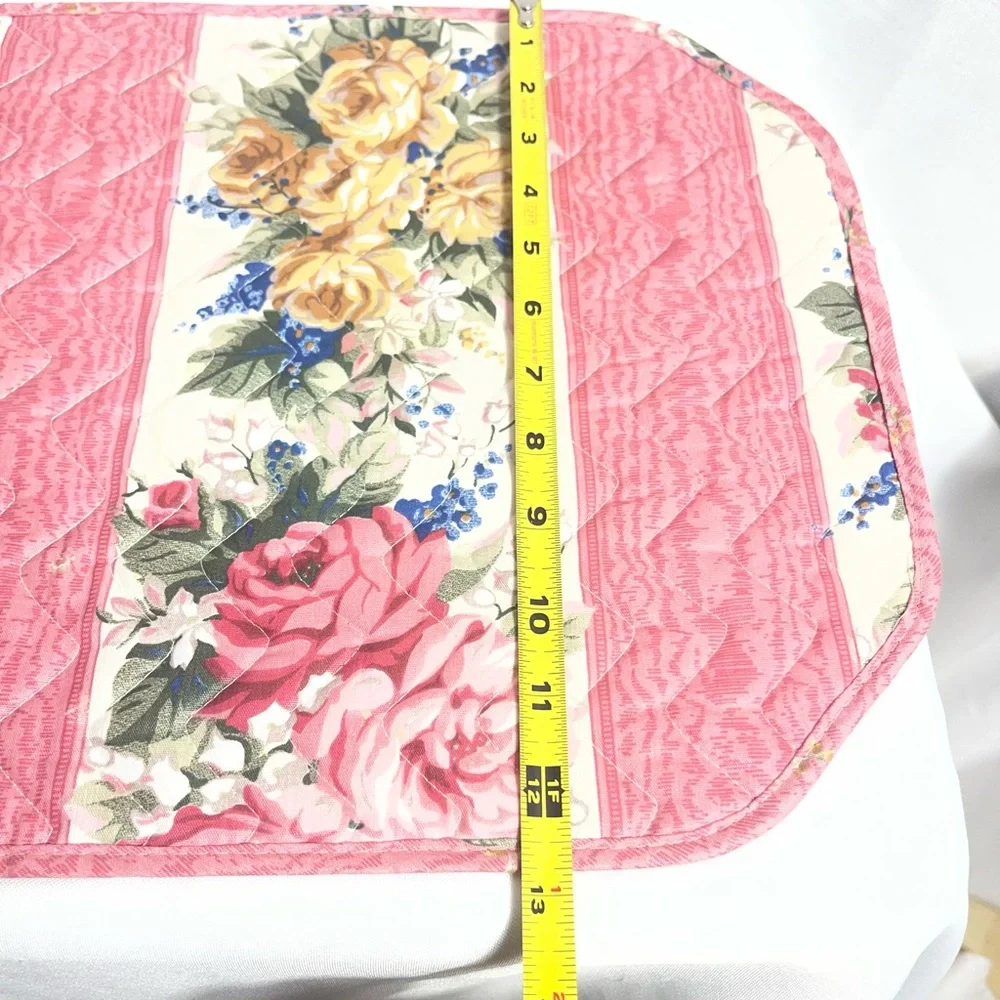 Set of 10 Quilted Floral Placemats Pink Rose Stripe Reversible Cottagecore